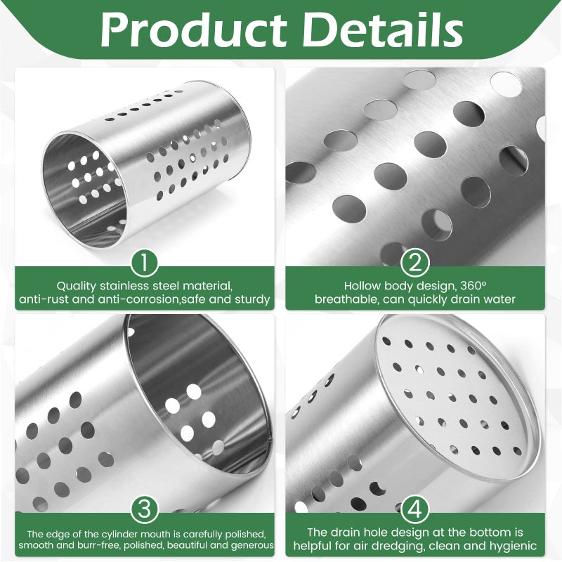 EORTA Stainless Steel Kitchen Utensil Holder Flatware Cylinder Silverware Draining Organizer Drying Rack with Round Drain Holes for Forks, Knives, Spoons, Chopsticks, Medium - Image 3